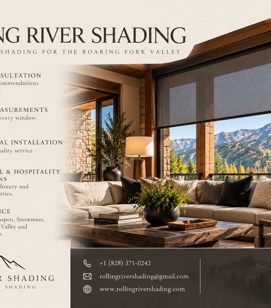 Luxury mountain home living room with solar roller shades and Aspen fall foliage views